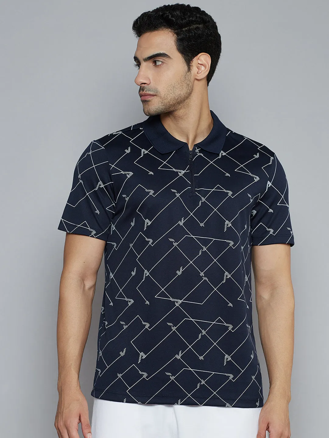 Comfortable Stretch Alcis Men Navy Blue Abstract Printed Polo Collar Slim Fit T-shirt