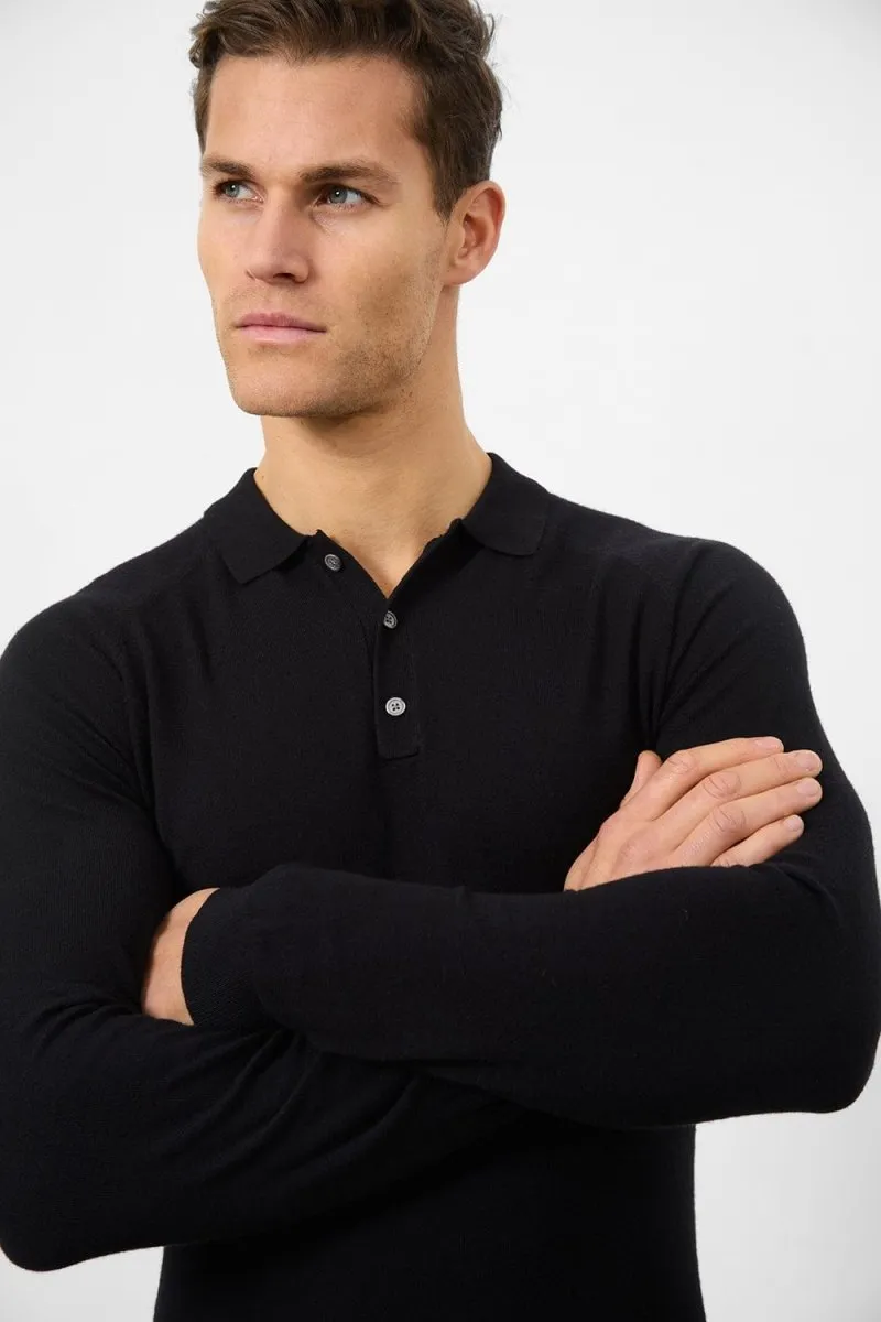 Knitted Polo Shirt in Black Cotton Blend