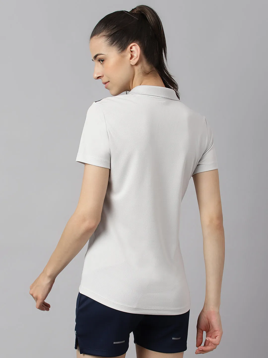 Alcis Women Light Grey Anti-Static Soft-Touch Slim-Fit Training Polo Wonder T-Shirt Reinforced Collar Stay Breathable Knitwear