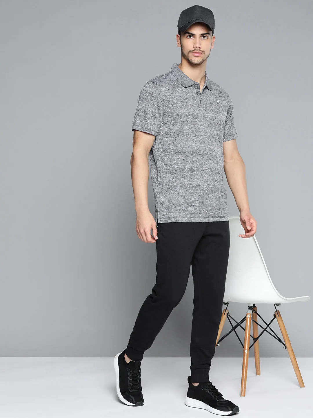 Travel Staple Ventilated Side Panels Alcis Men Black Polo Collar Anti Static Slim Fit T-shirt