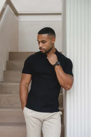 Breathable Material Fine Cable Knitted Polo Shirt in Black