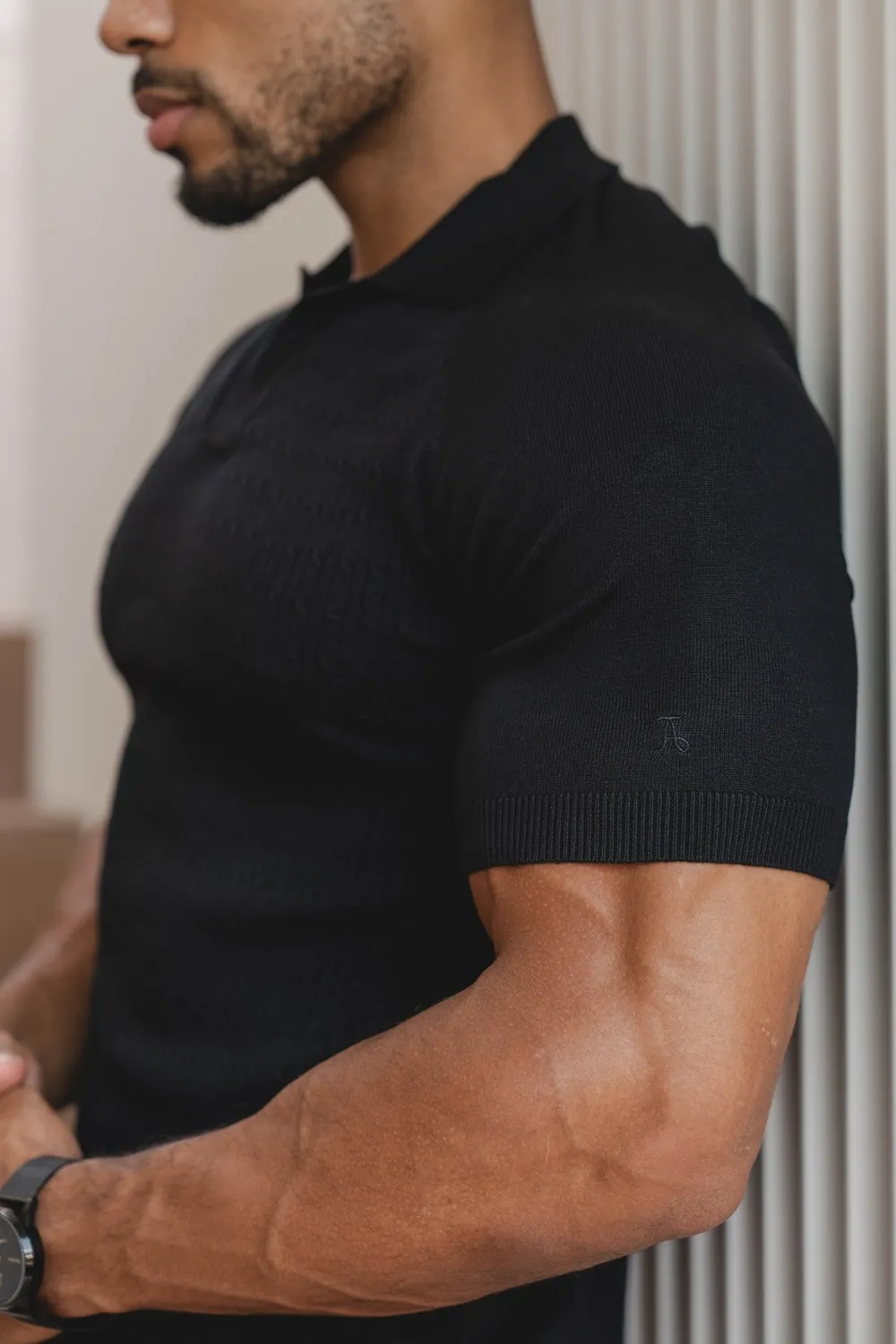 Fine Cable Knitted Polo Shirt in Black LowProfile Seam Tape Striped Design