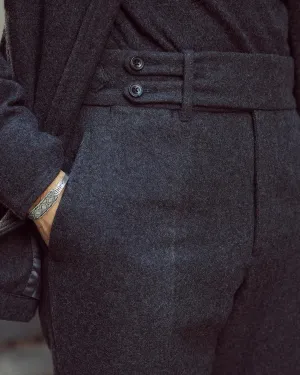 Striped Pattern Charcoal Grey Wool Flannel High Rise Double Tab Pant