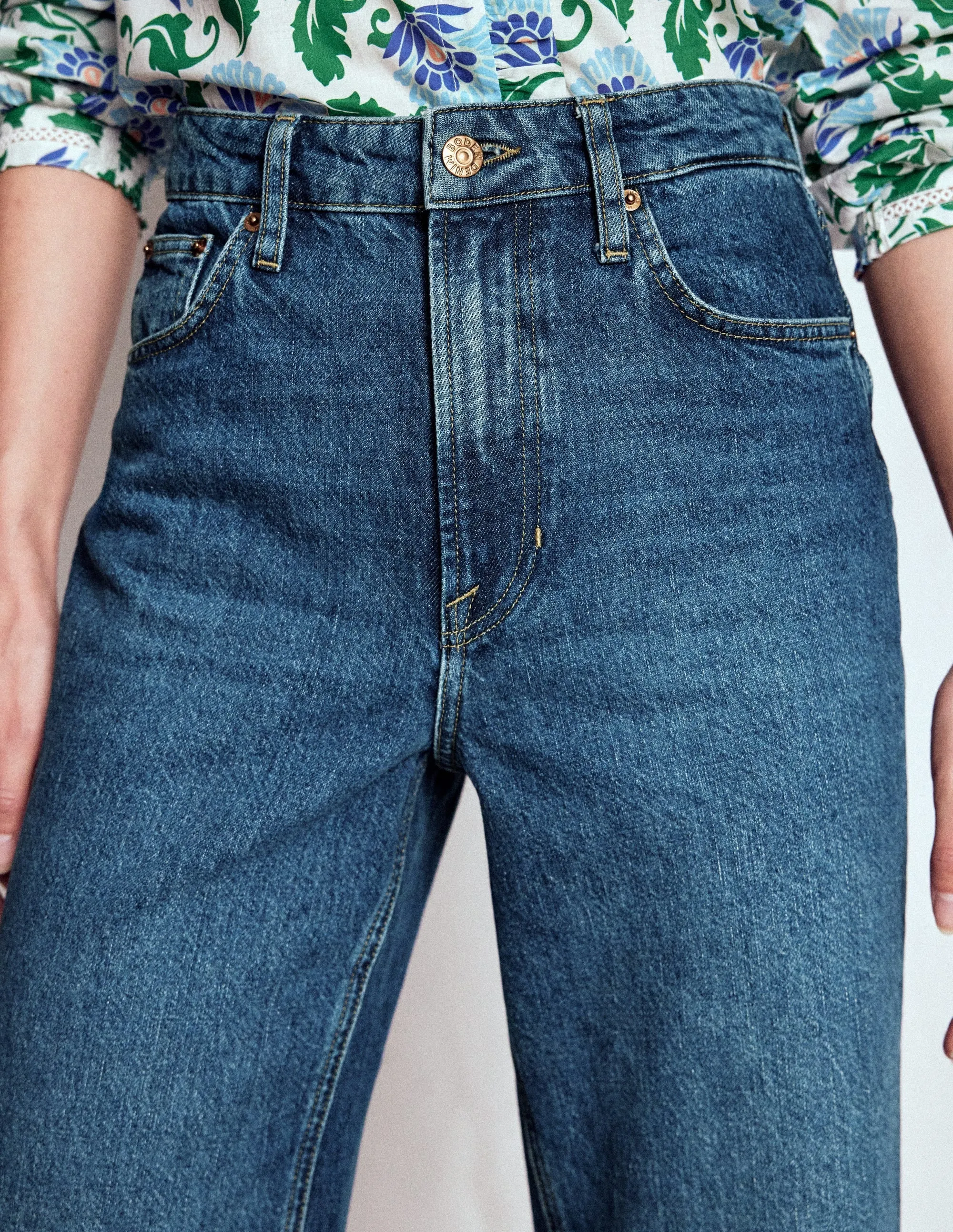 Button Fly Option Total Comfort High Rise Straight Crop Jeans-Mid Vintage