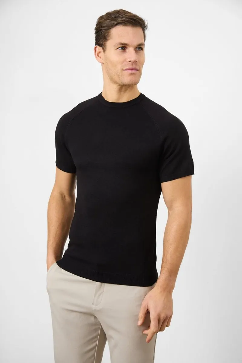 Fine Gauge Knitted T-Shirt in Black Perfect Comfort Wear