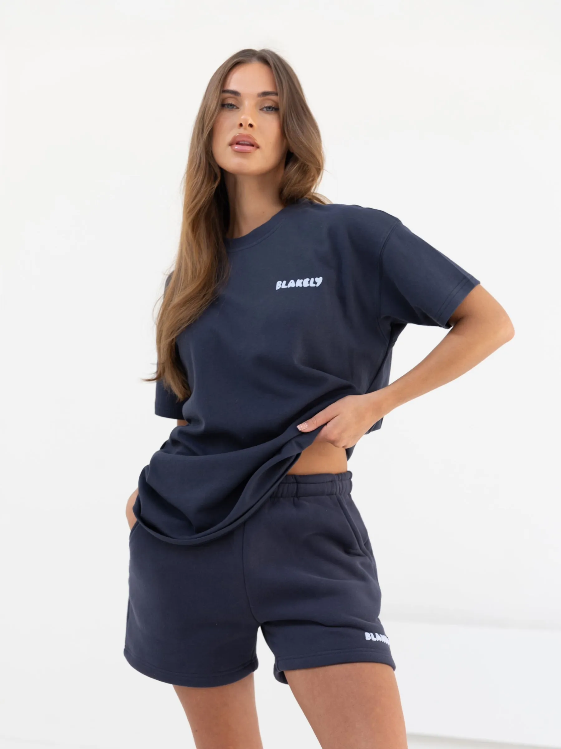 TemperatureControl Fabric ReinforcedNeckline Cloud Print Oversized T-Shirt - True Navy