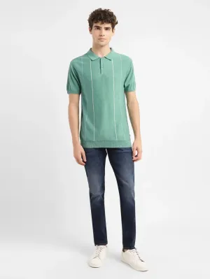 Men's Striped Green Polo Collar Sweater ComfortStretch Collar