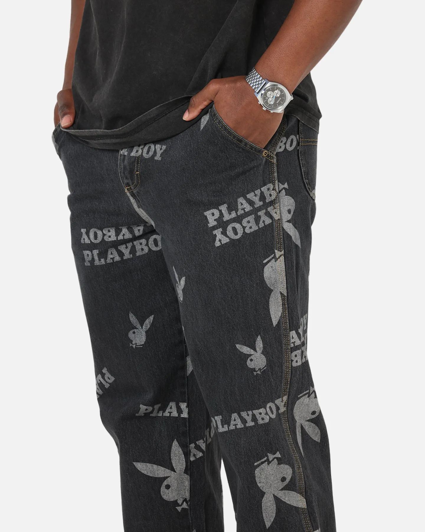 Fitted Design Durable Fabric Playboy Mess Denim Jeans Washed Black