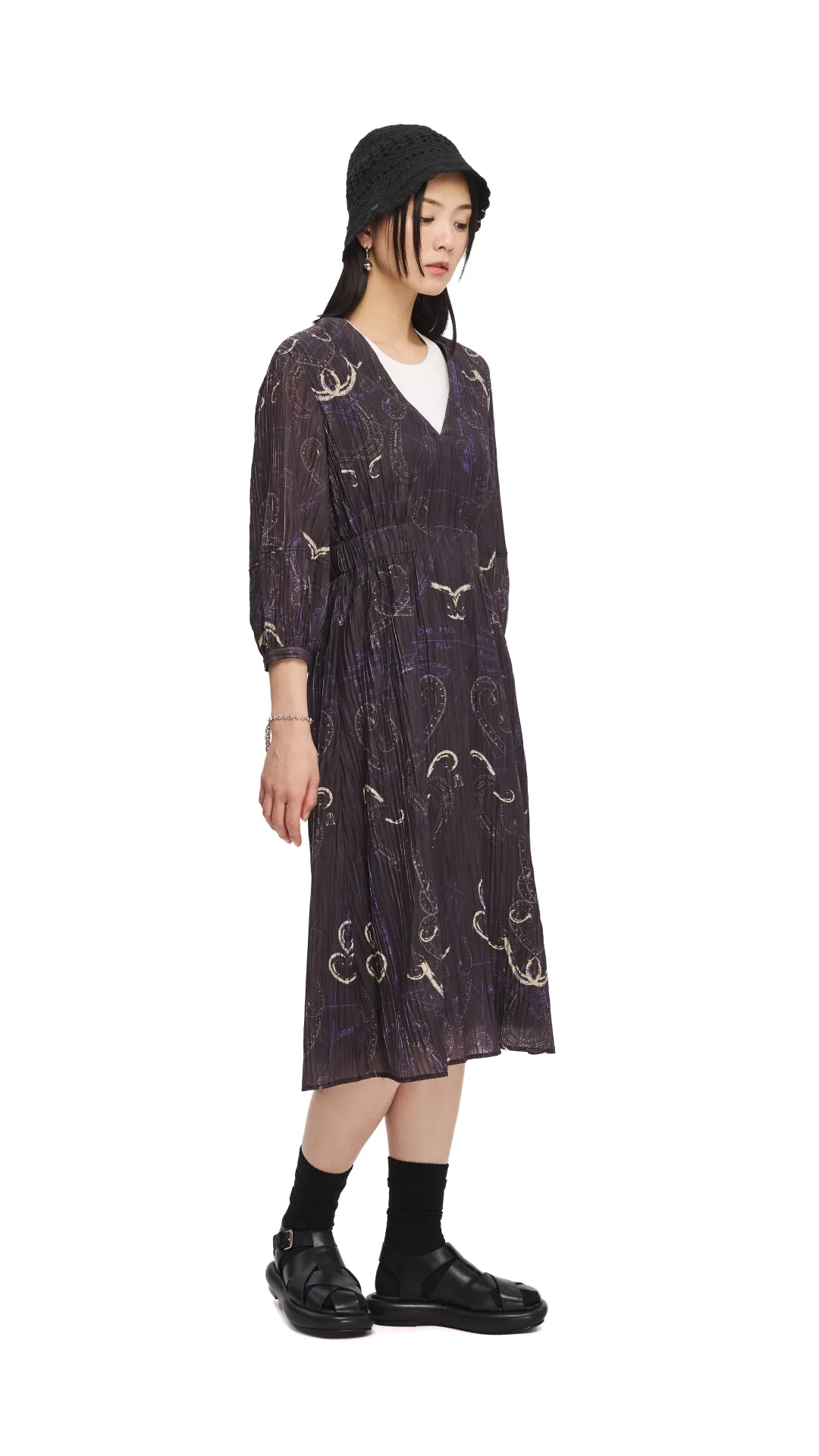 French Curve Ruler Print Puff-Sleeves Dress FlexSeamTechnology