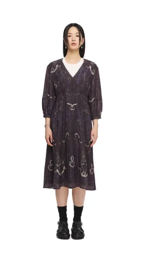 Morning Ease WindproofInterior French Curve Ruler Print Puff-Sleeves Dress