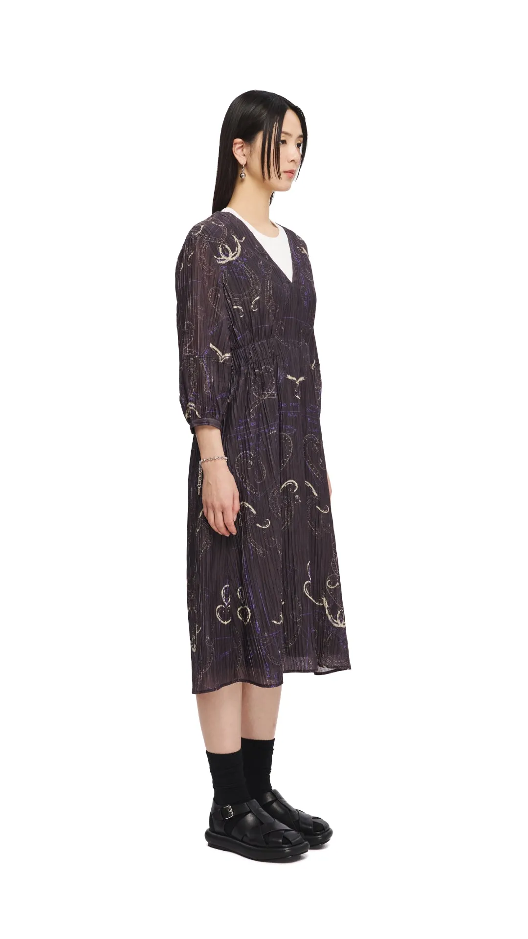 QuickRelease Closure French Curve Ruler Print Puff-Sleeves Dress