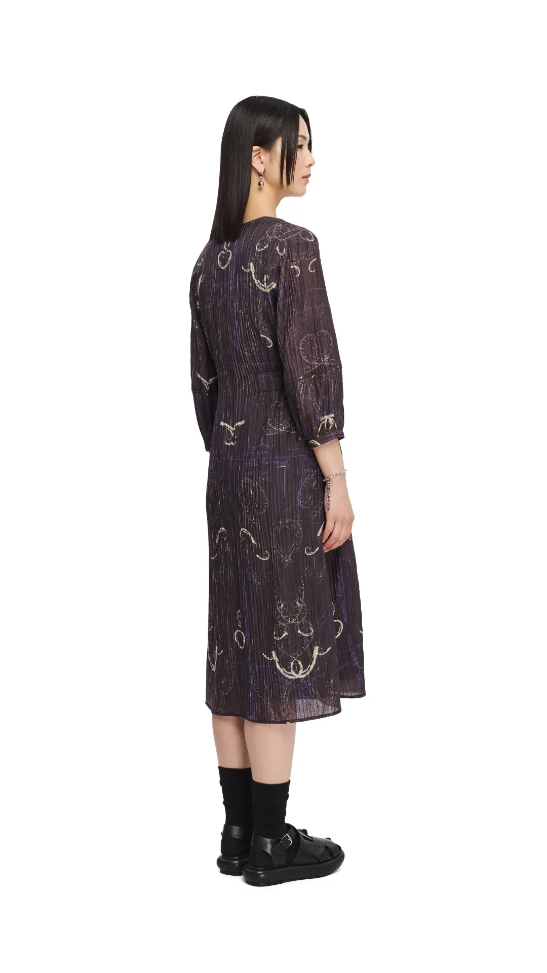 French Curve Ruler Print Puff-Sleeves Dress Linen Soul