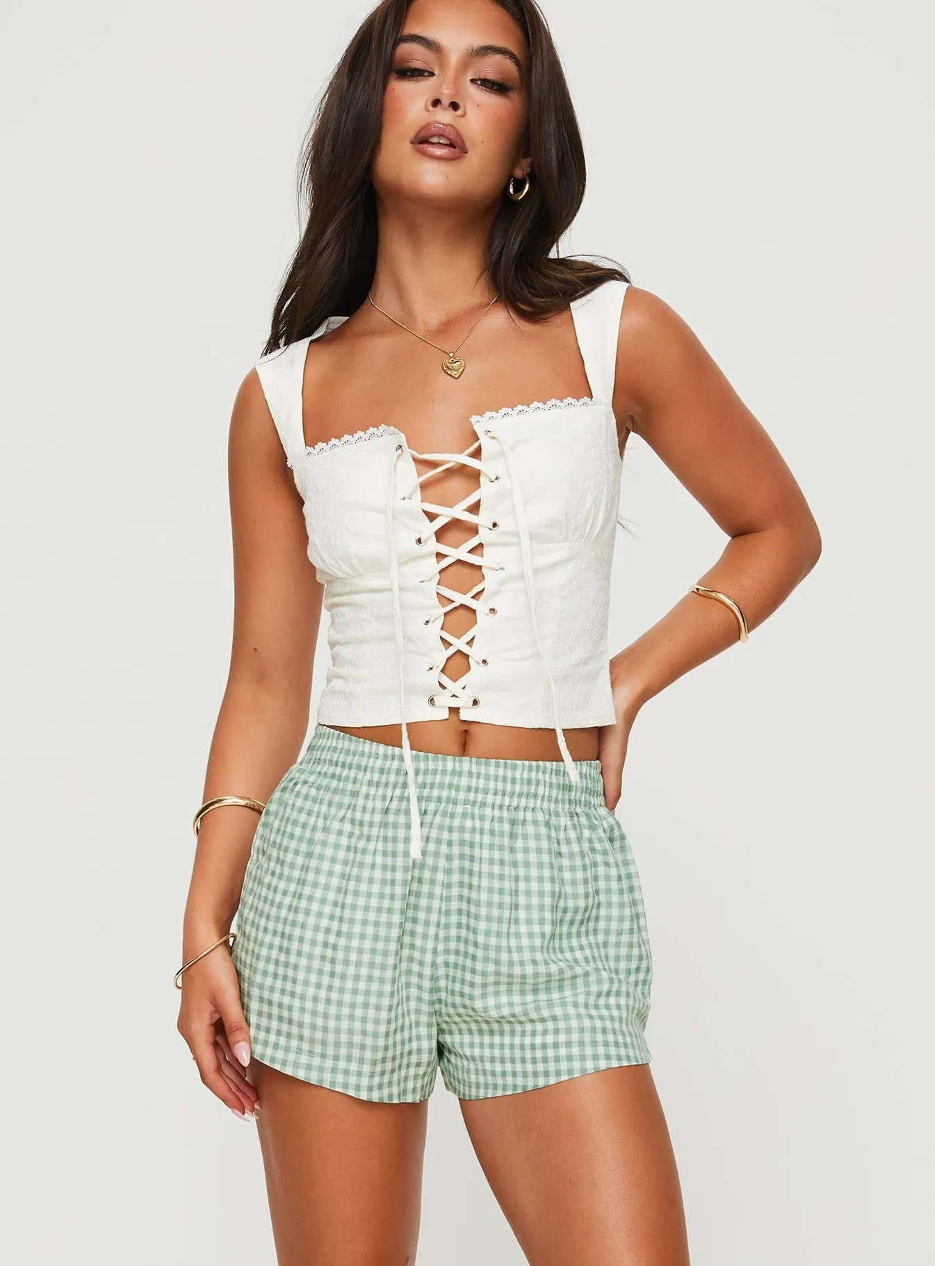 Star Mood LowProfile Design Beach House Shorts Green / White Gingham
