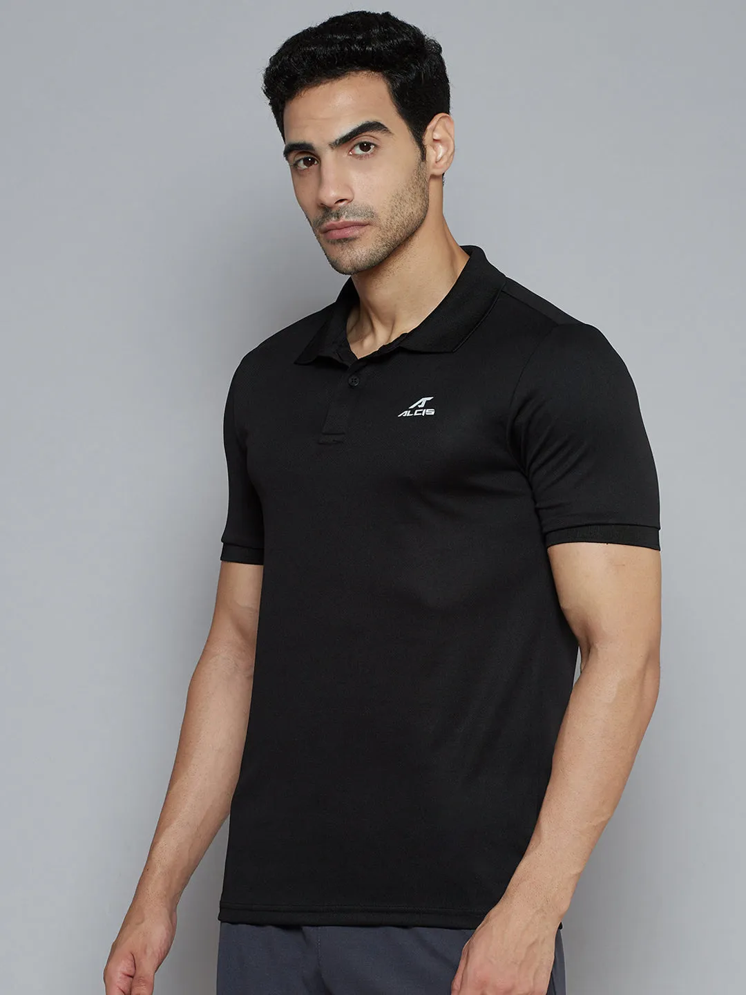 Alcis Men Black Solid Polo Collar Slim Fit Wonder T-shirt Dress Up Or Down Flexible Collar Band
