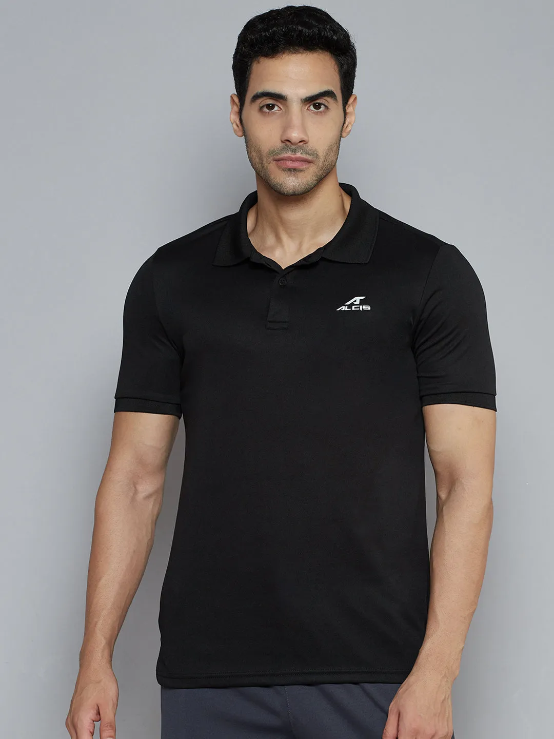 Alcis Men Black Solid Polo Collar Slim Fit Wonder T-shirt Comfort Fit
