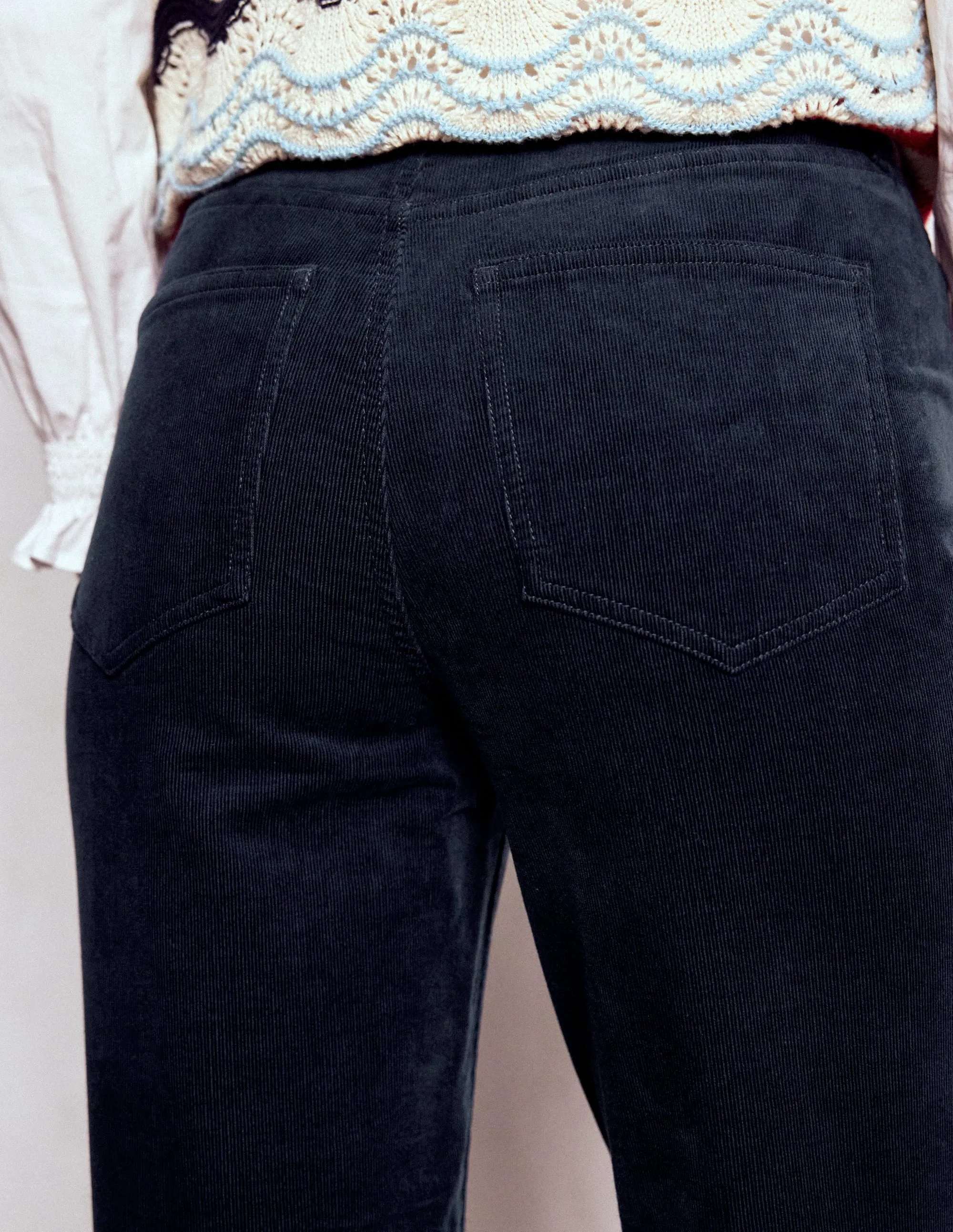 High-Waisted Cord Slim Jeans-Navy Softened Lining Smooth Comfort