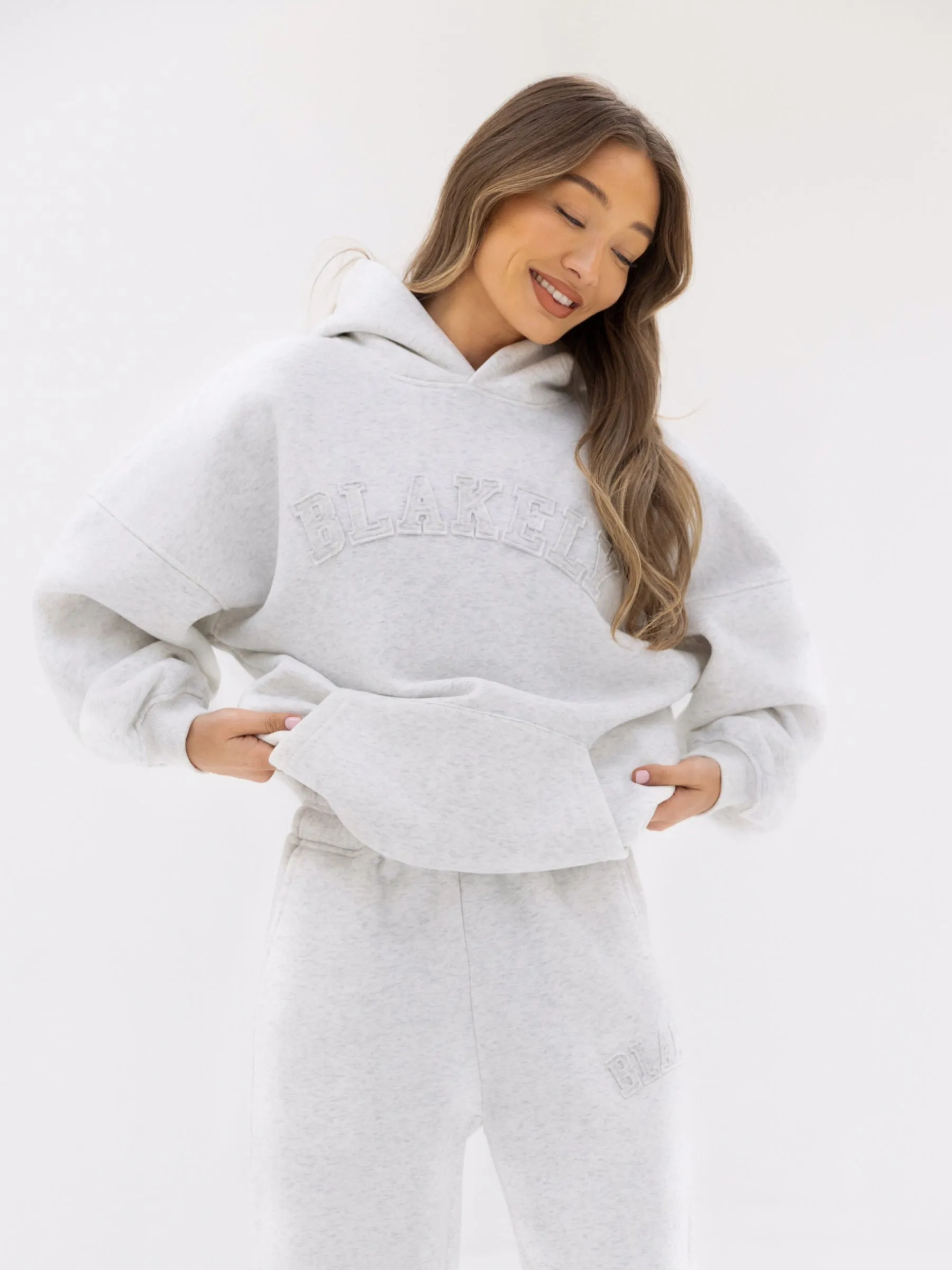 Modern Aesthetic Tonal Varsity Oversized Hoodie - Marl White