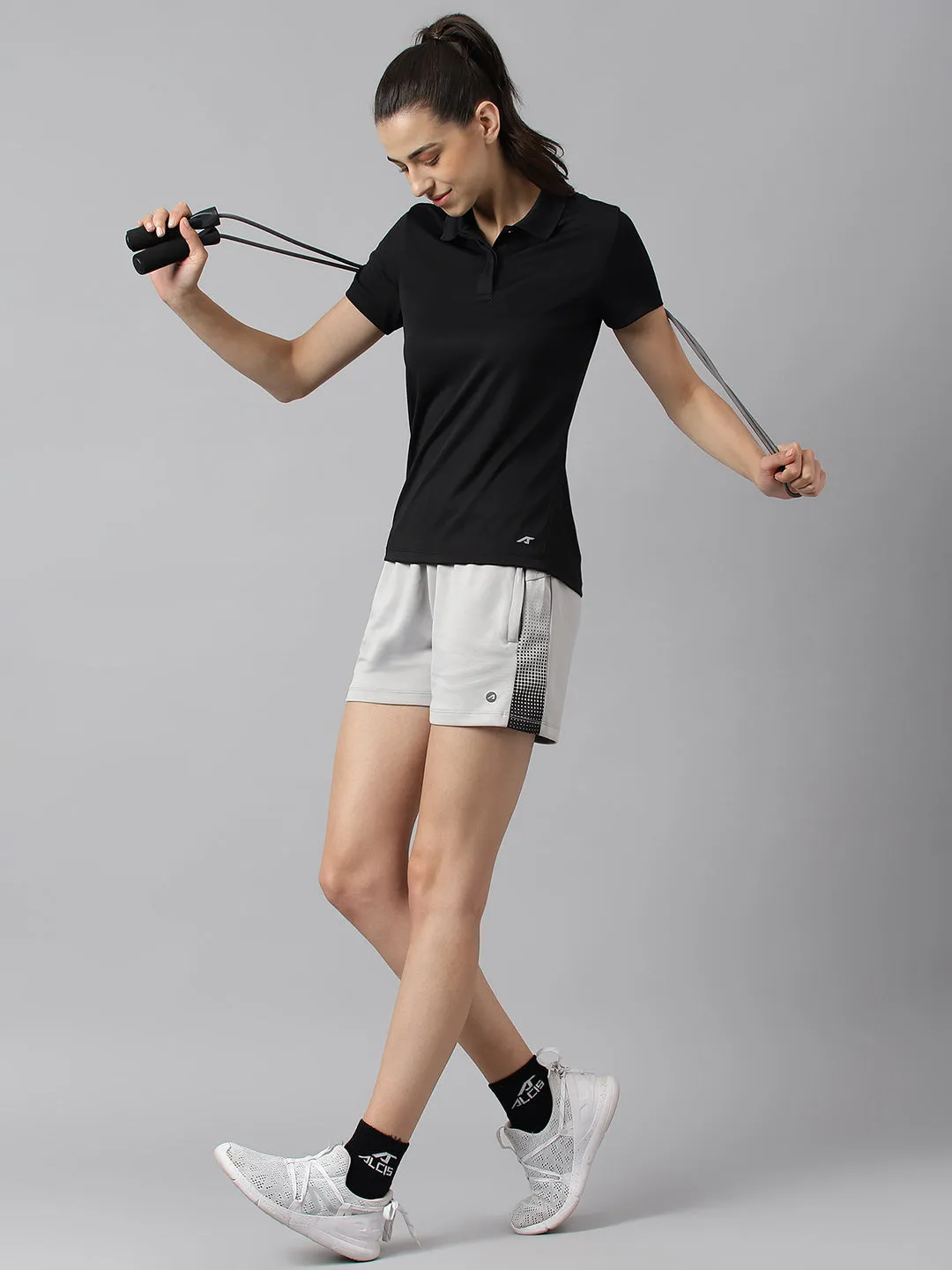 Alcis Women Black Anti-Static Soft-Touch Slim-Fit Training Polo Wonder T-Shirt Button Down Collar AntiPilling Technology
