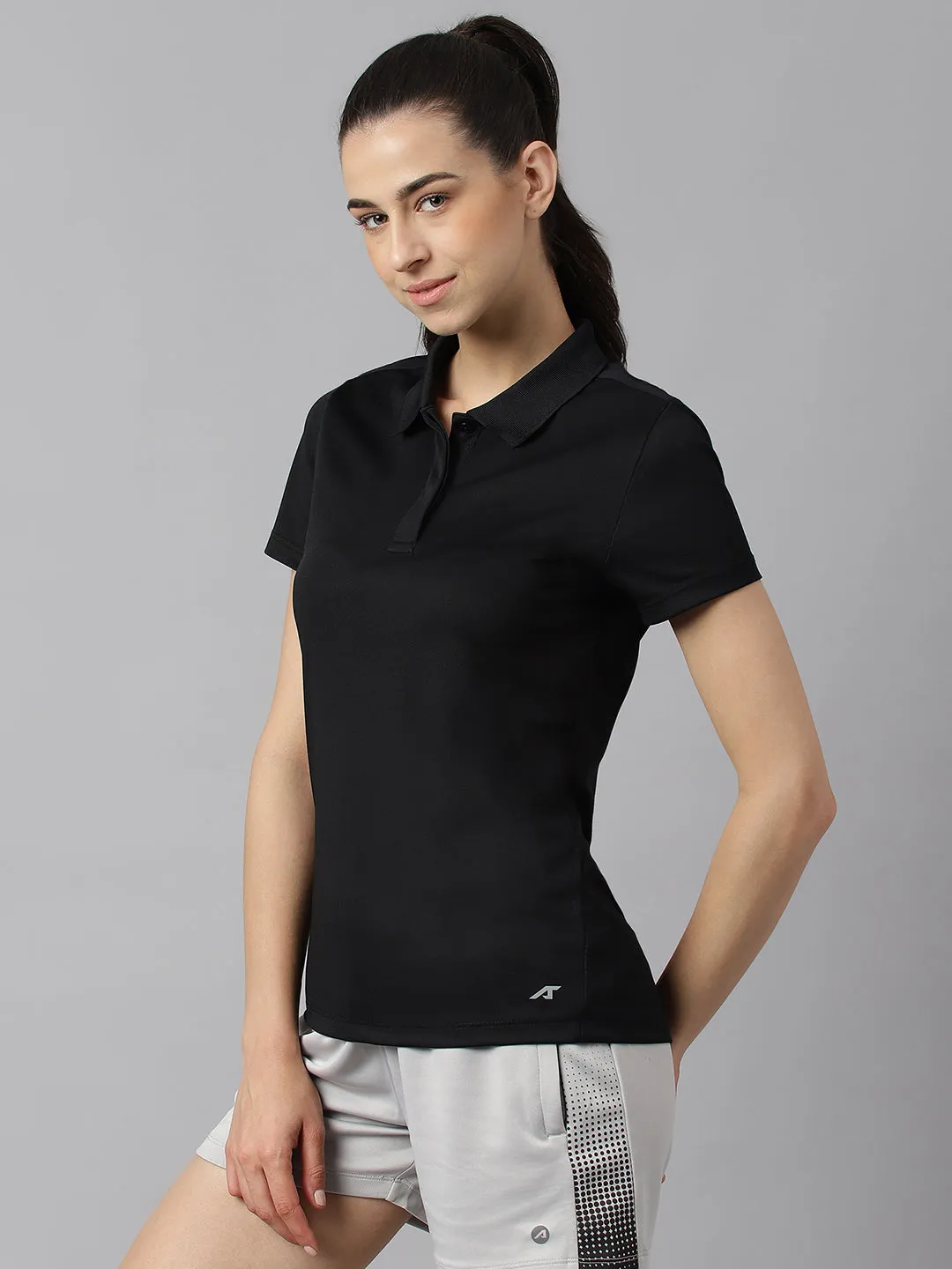 Breathable Shirt Alcis Women Black Anti-Static Soft-Touch Slim-Fit Training Polo Wonder T-Shirt