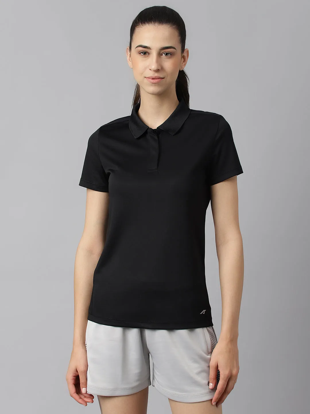 Alcis Women Black Anti-Static Soft-Touch Slim-Fit Training Polo Wonder T-Shirt Tailored Fit