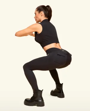 Wide Waistband Support Zip Front Pocket Powerful leggings - Black