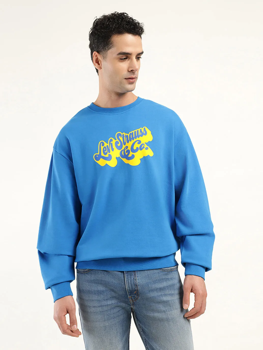 Men's Solid Dark Blue Crew Neck Sweatshirt Non Restrictive Fit Walrus like