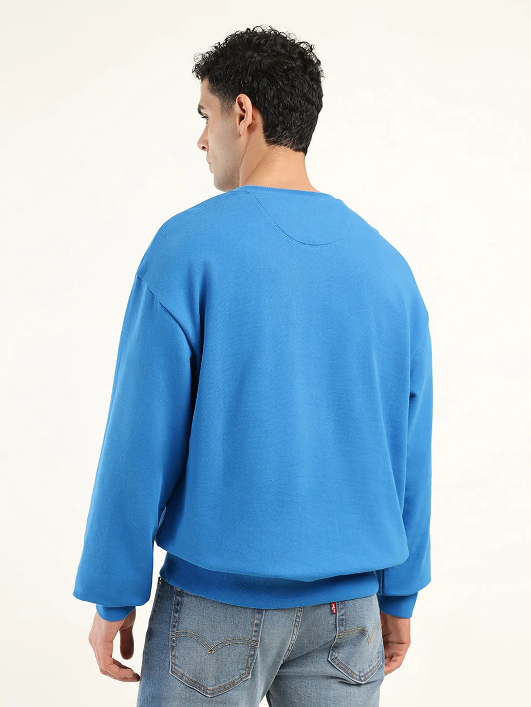 Men's Solid Dark Blue Crew Neck Sweatshirt Yarn Dyed Fabric Coffee Shop Vibes