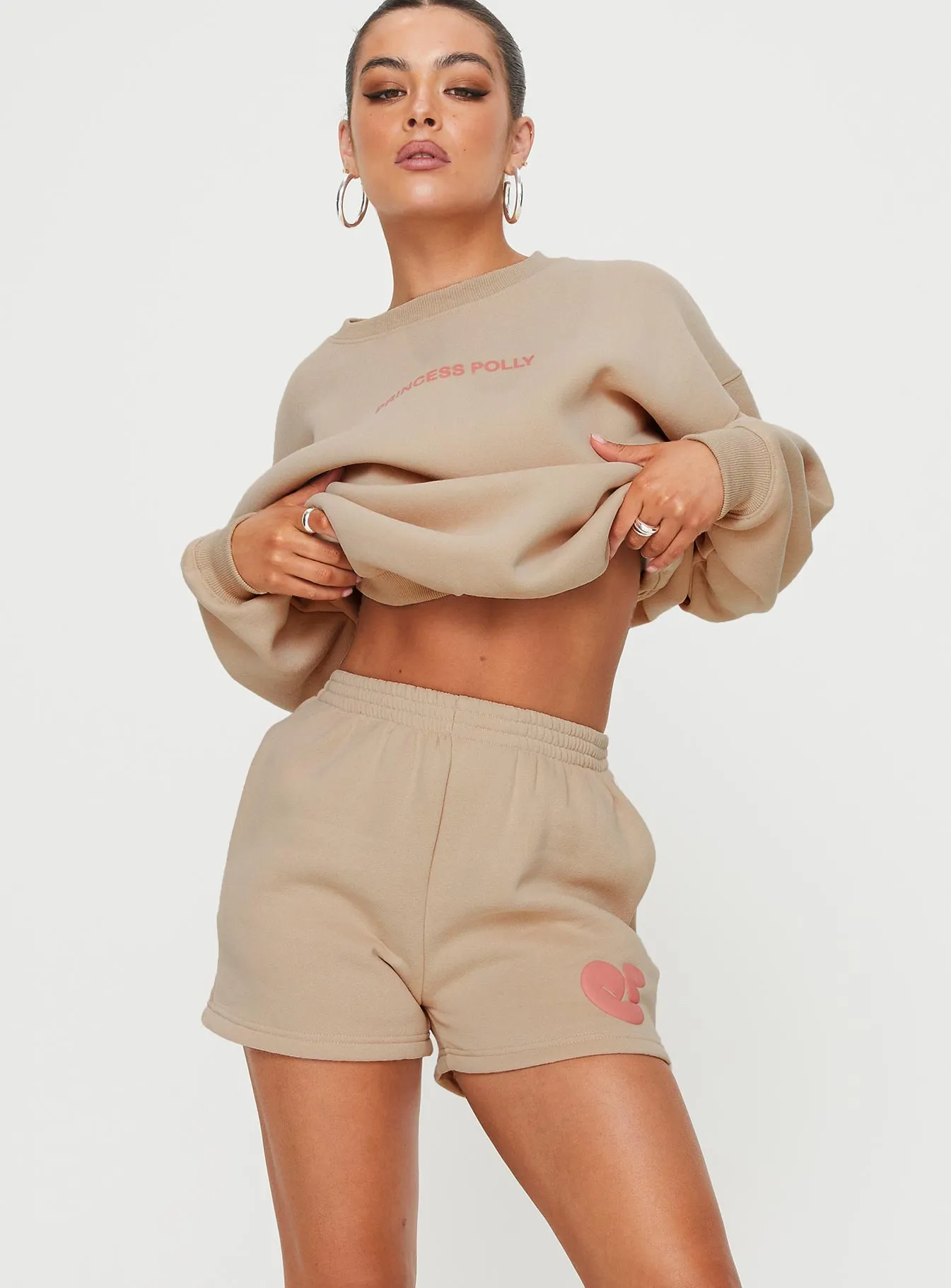 Princess Polly Sweat Short Bubble Text Sand/ Pink Eco Core
