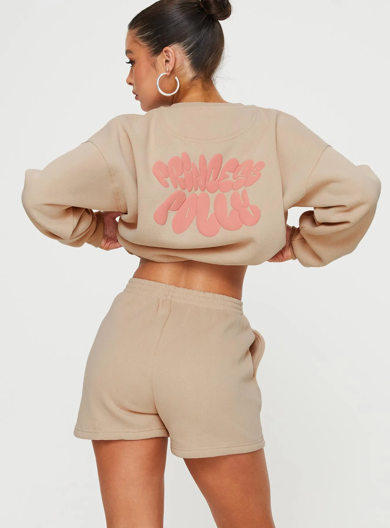 Princess Polly Sweat Short Bubble Text Sand/ Pink OdorResistant DoubleLayeredEdging