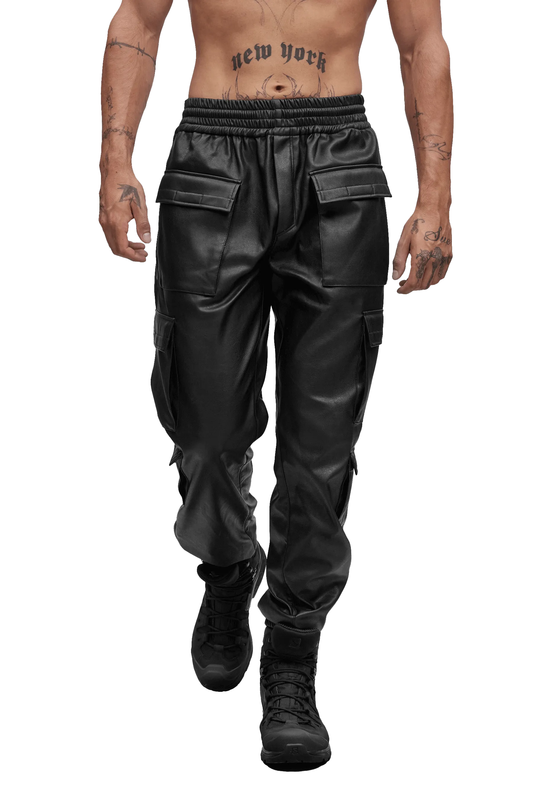 SecureZipperClosures Minimalist Design LEATHER CARGO PANTS - Black
