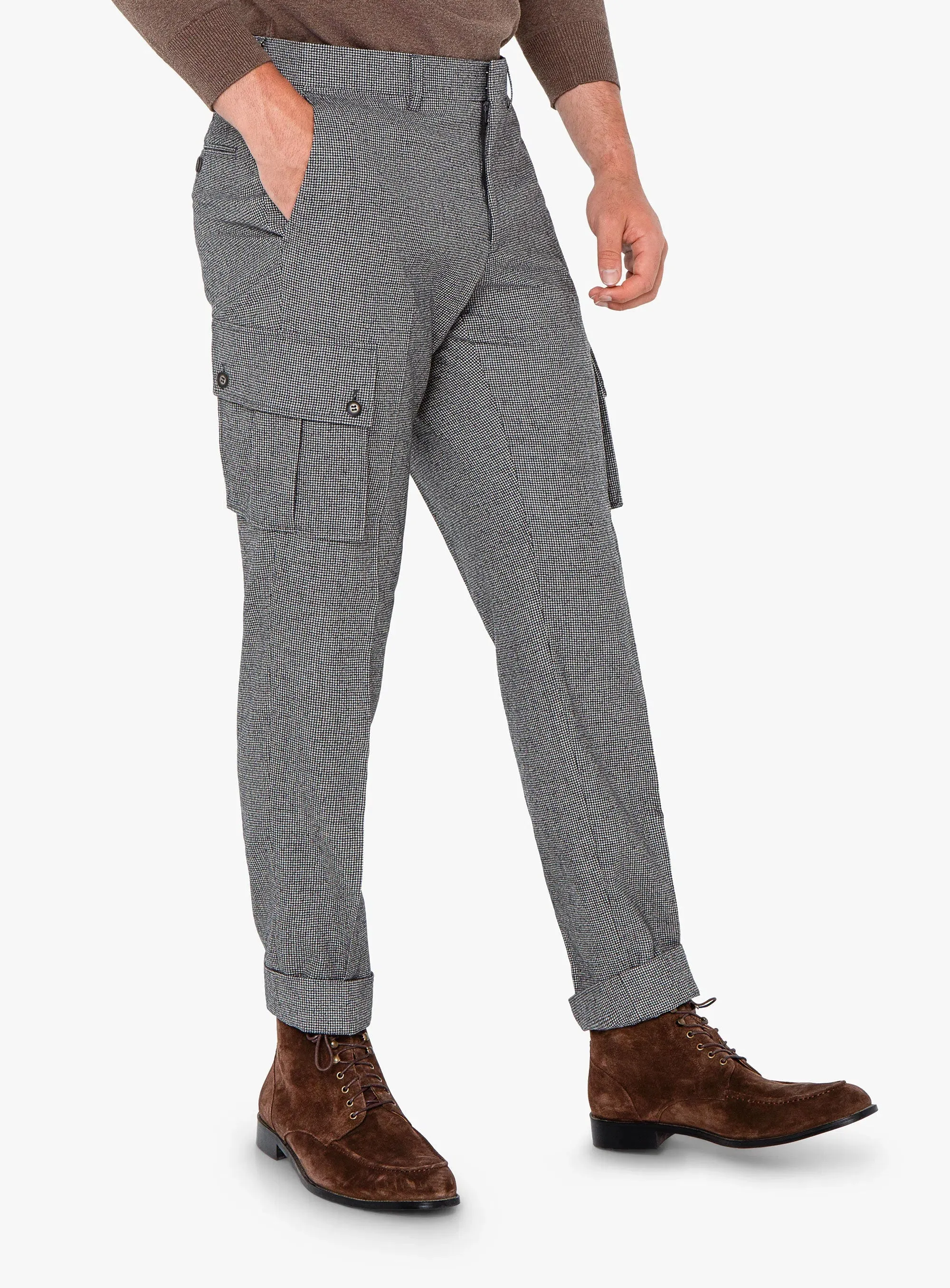 Isla Houndstooth Cargo Grey Trousers Flexible Comfort