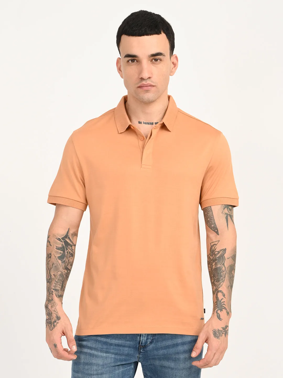 Men's Redloop Solid Peach Slim Fit Polo T-shirt Lounge Wear