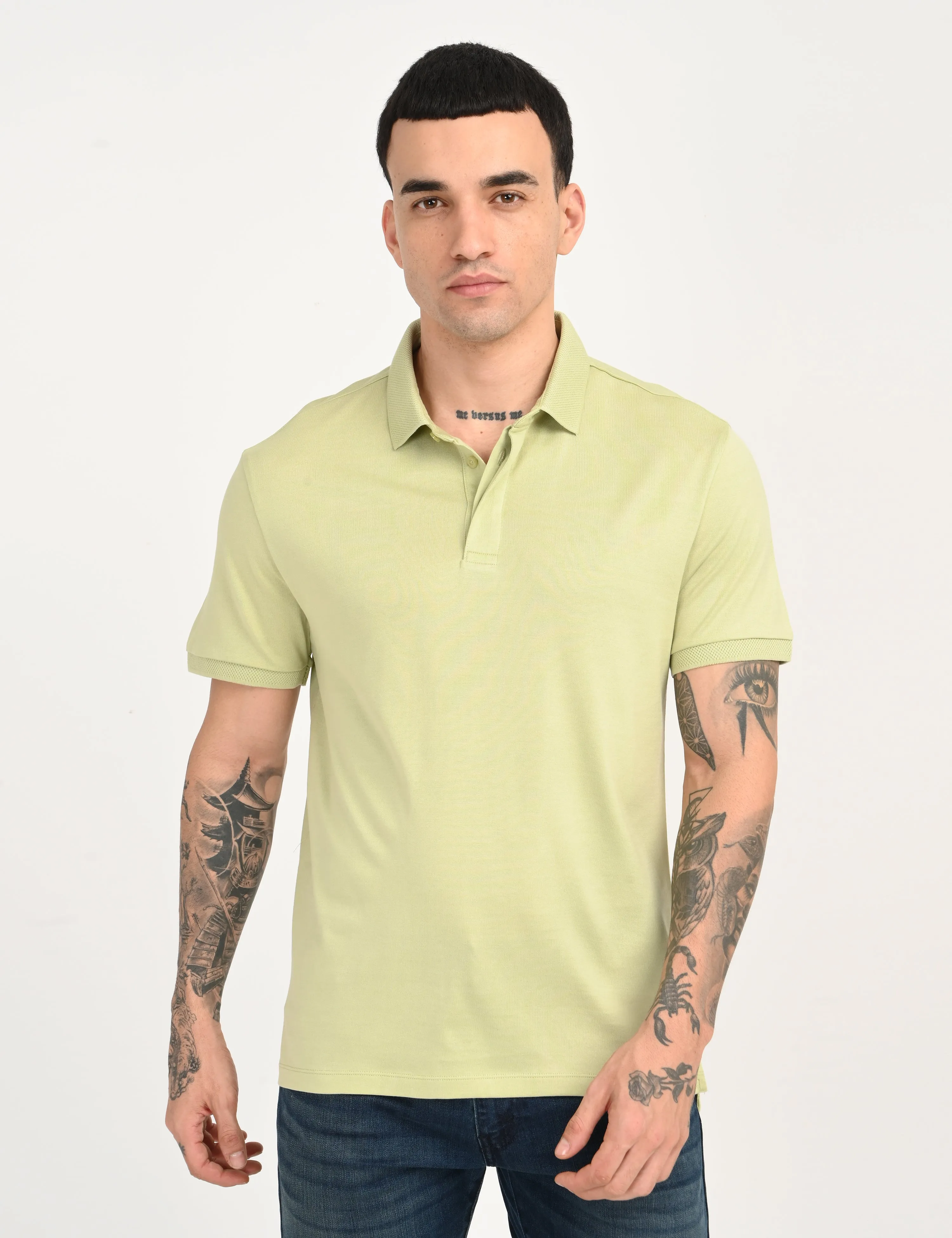 Tailored Comfort Men's Redloop Solid Light Green Slim Fit Polo T-shirt
