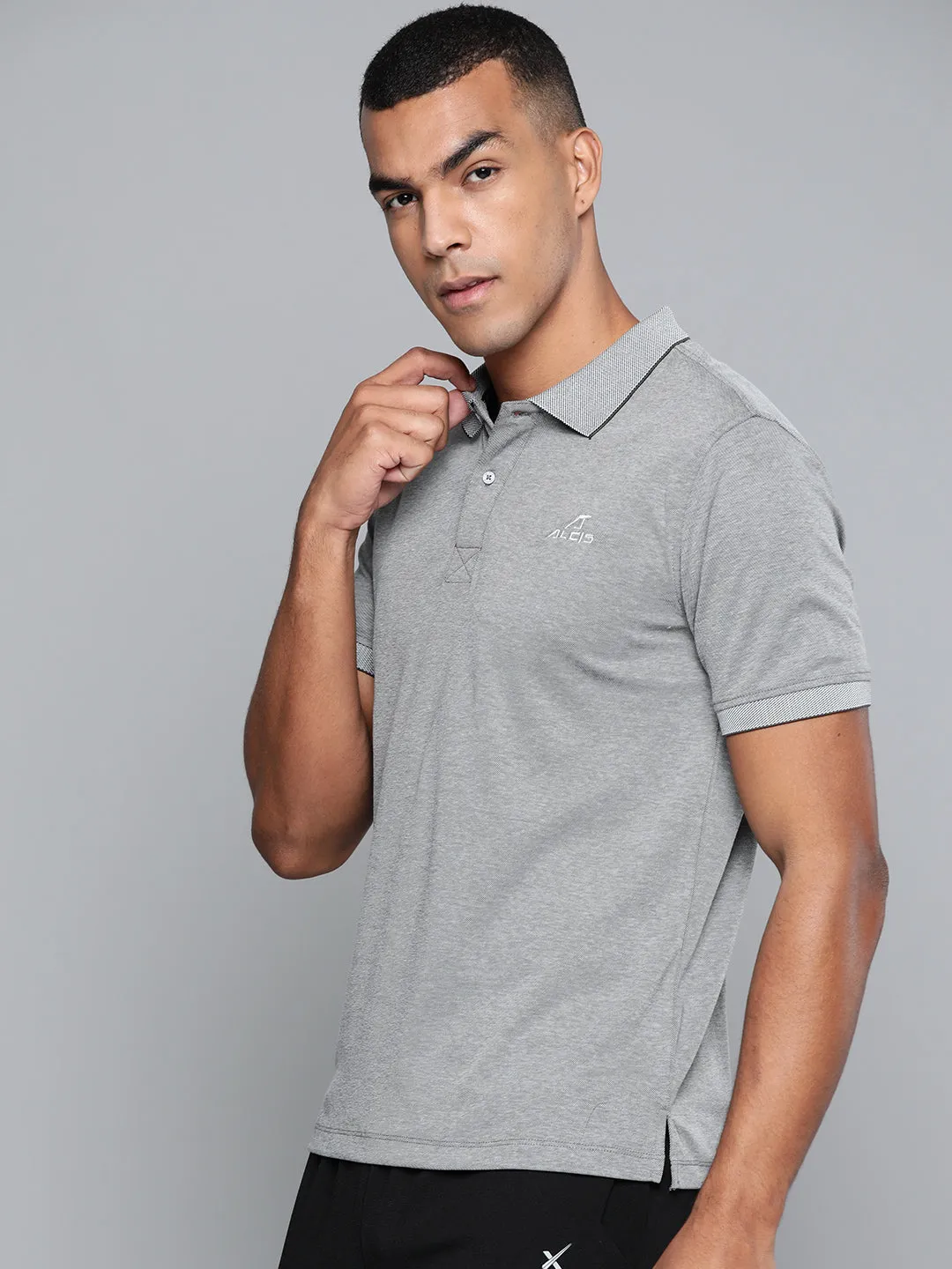 Alcis Men Grey Solid Polo Collar T-shirt Mesh Lined Back PreShrunk Cotton Blend