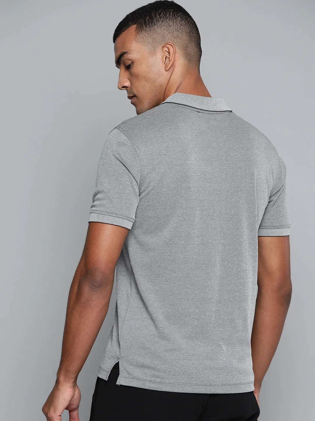 Alcis Men Grey Solid Polo Collar T-shirt Snap Button Closure MoistureWicking Fabric
