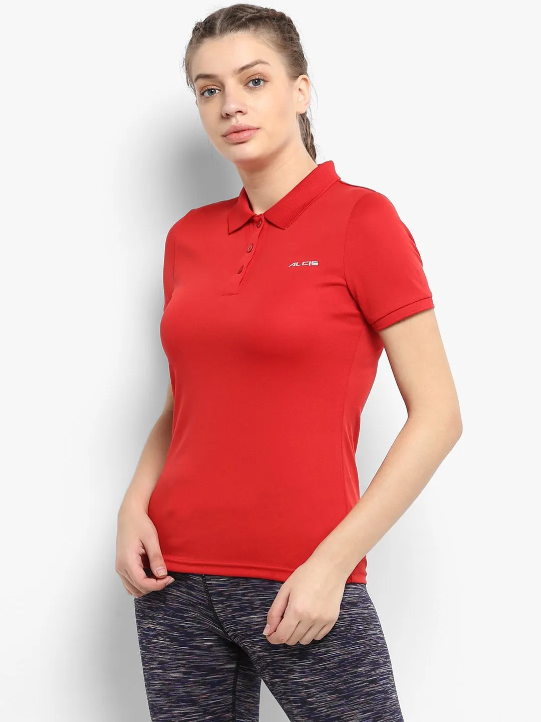 Alcis Women Red Solid Polo Collar T-shirt Ventilated Side Gussets