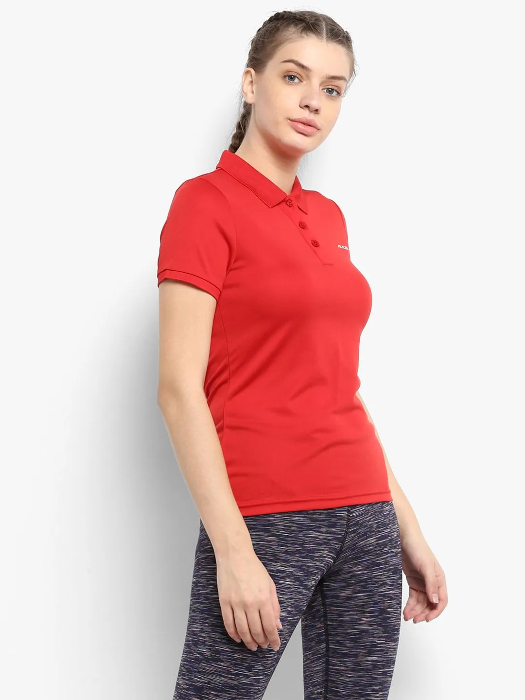Lightweight Knit Material NonChafing Seam Placement Alcis Women Red Solid Polo Collar T-shirt