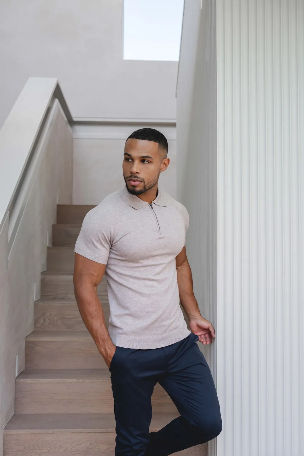 Lightweight Knit Material UV Protection Knitted Half Zip Neck Polo in Oatmeal