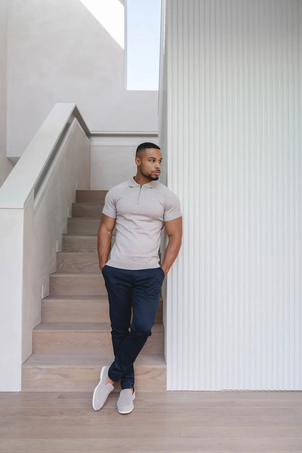 Knitted Half Zip Neck Polo in Oatmeal Monochrome Style Ventilated Side Gussets