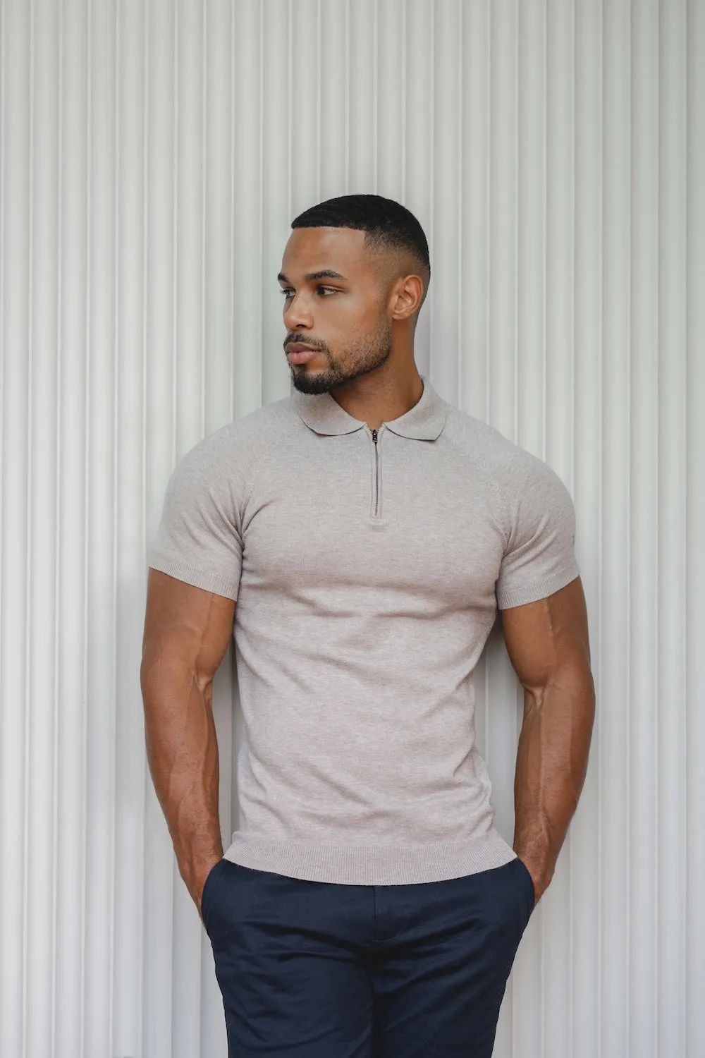 Knitted Half Zip Neck Polo in Oatmeal HighDurability Yarn Stretch Comfort