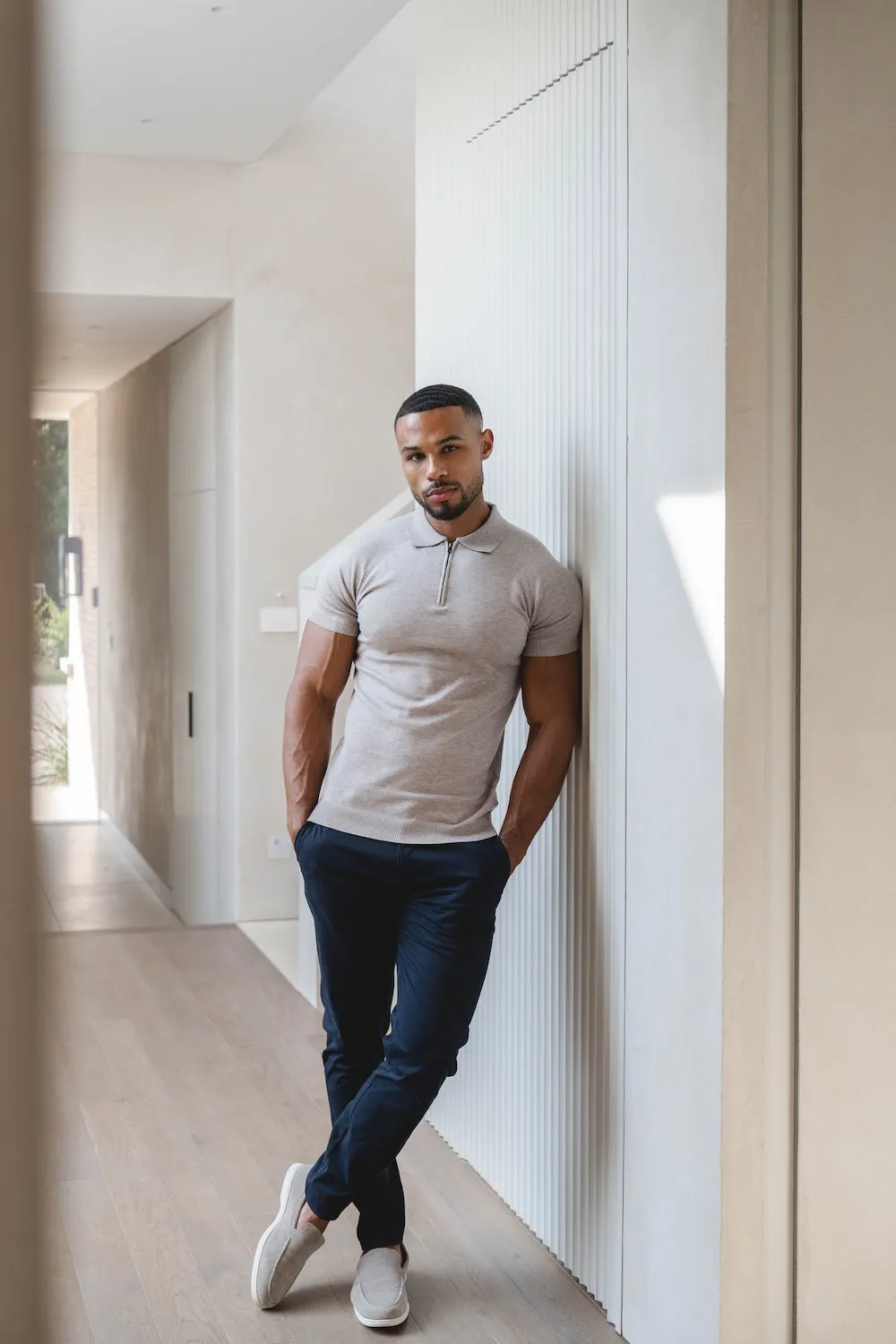 NonChafing Seam Placement Knitted Half Zip Neck Polo in Oatmeal