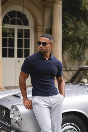 Textured Knitted Open Collar Polo Shirt in Navy Urban Chic Breathable Weave
