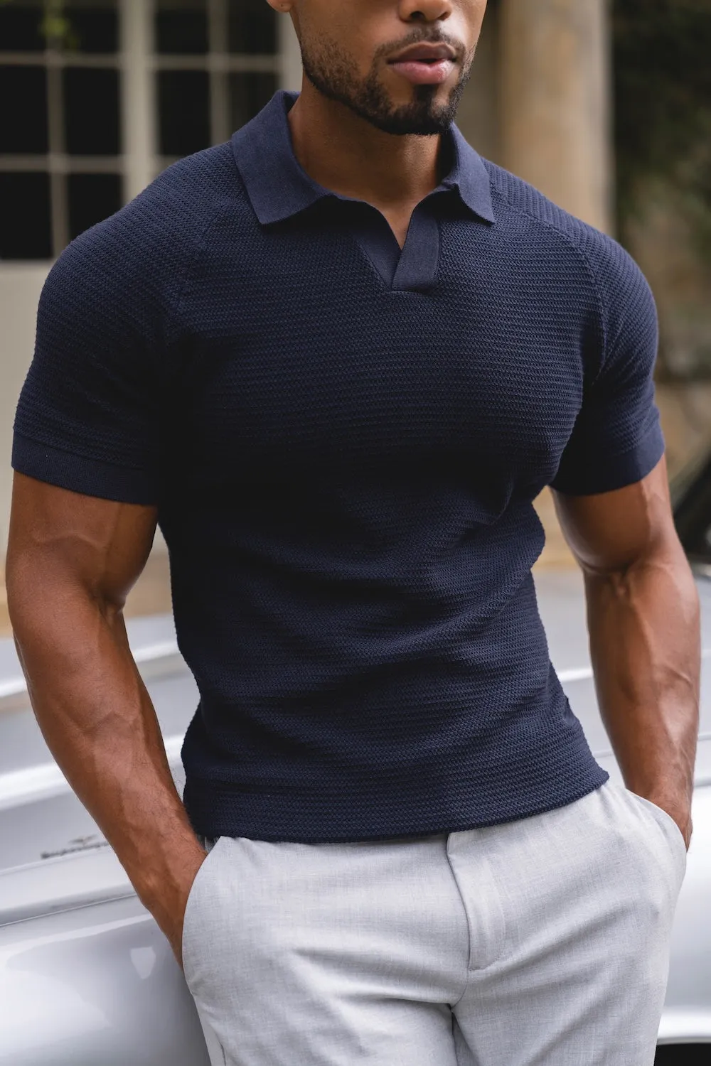 Textured Knitted Open Collar Polo Shirt in Navy Bamboo Fiber Blend EasyCare Textile