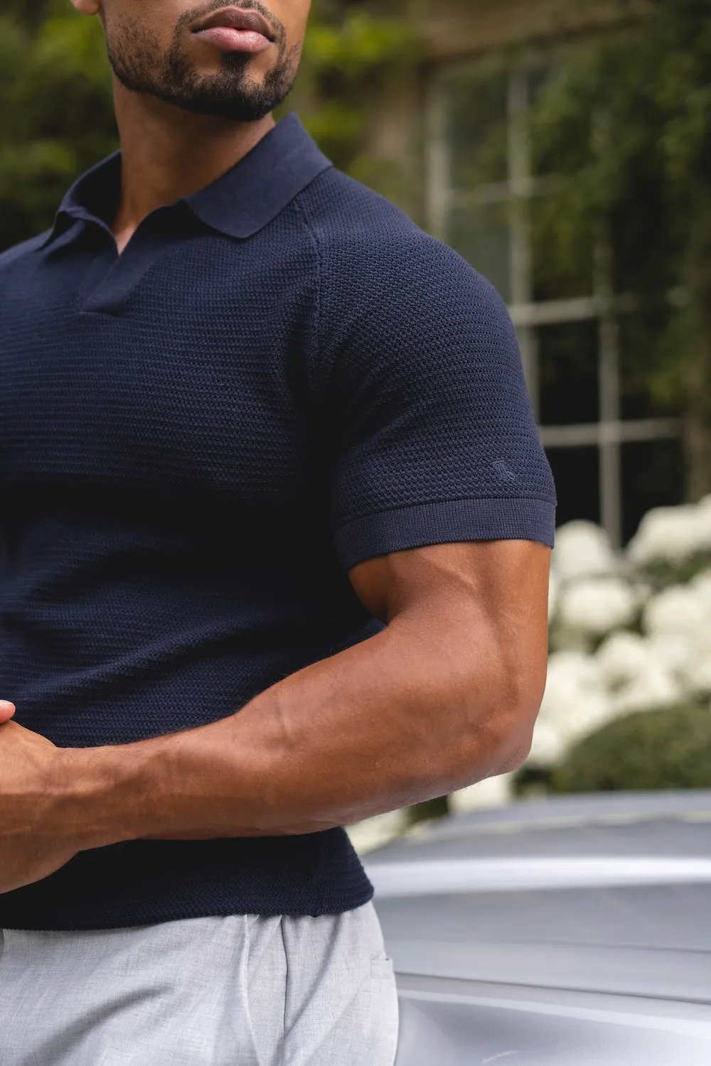 Textured Knitted Open Collar Polo Shirt in Navy Polo Collar