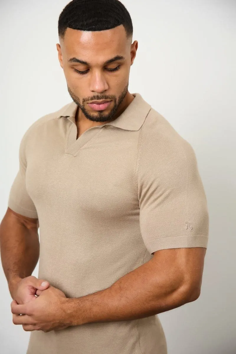 Textured Open Collar Knitted Polo Shirt in Stone AntiStatic Treatment Holiday Outfit