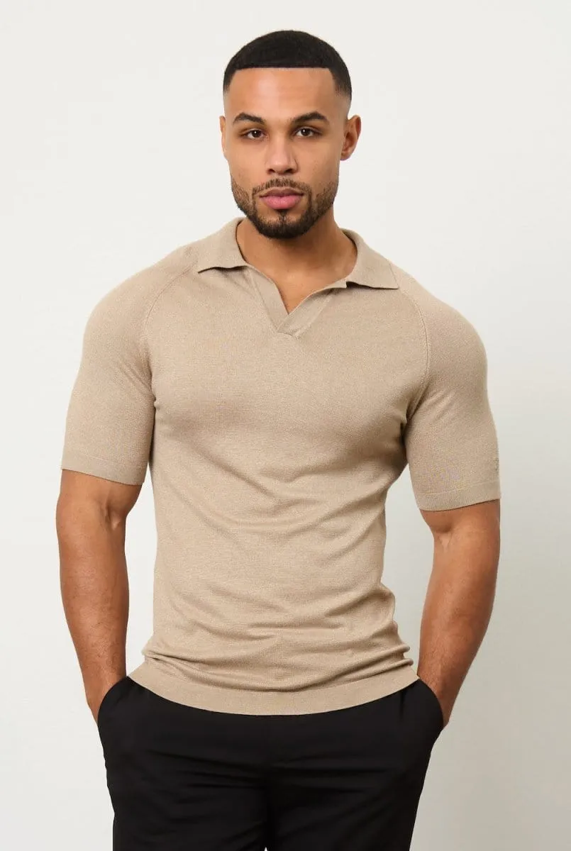 Textured Open Collar Knitted Polo Shirt in Stone Flexible Collar Band