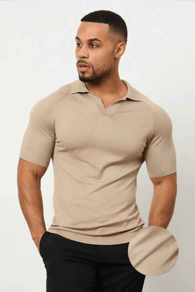 Textured Open Collar Knitted Polo Shirt in Stone Breathable Stretch Club Attire