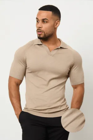 Textured Open Collar Knitted Polo Shirt in Stone Breathable Stretch Club Attire