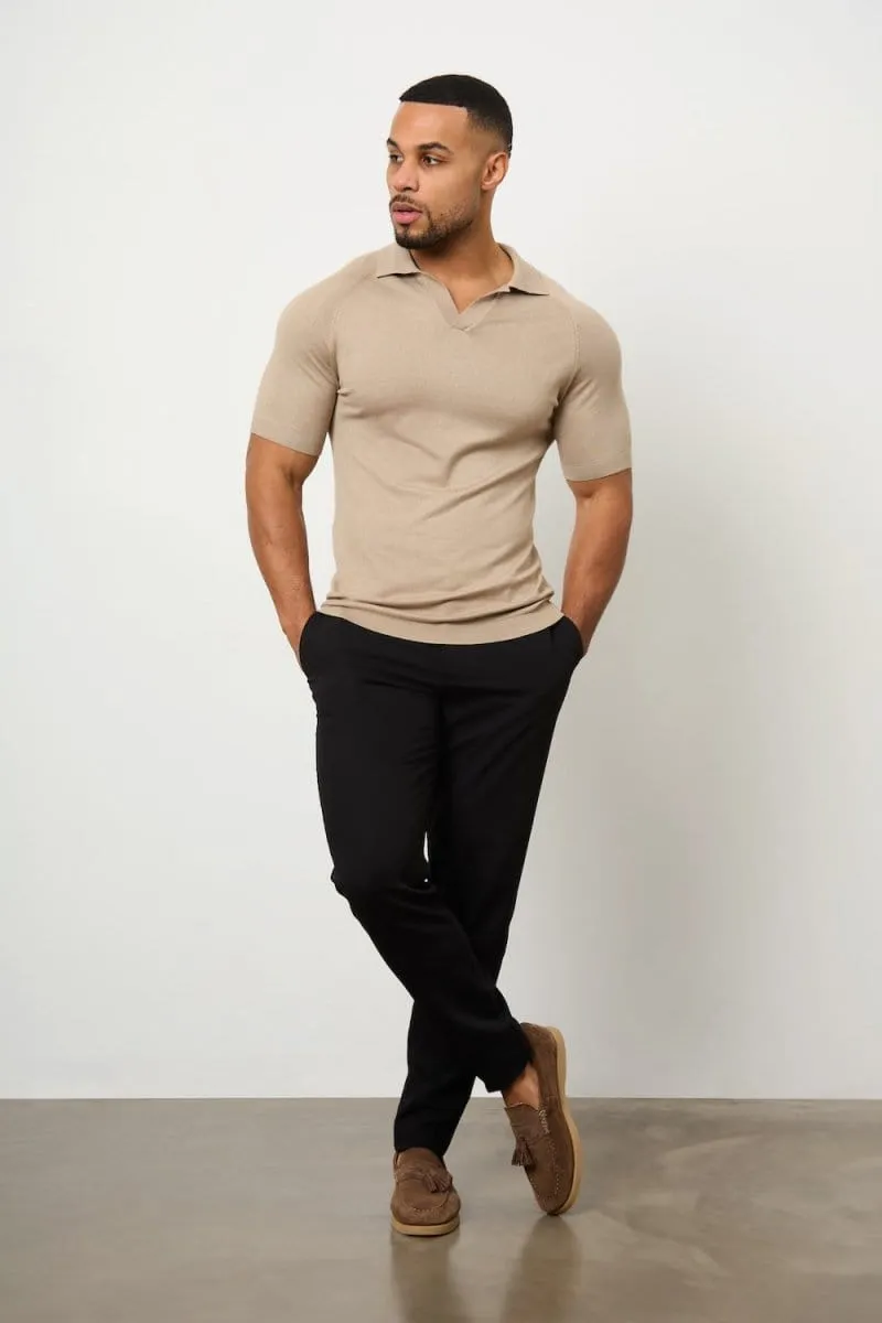 Textured Open Collar Knitted Polo Shirt in Stone Stylish Neckline