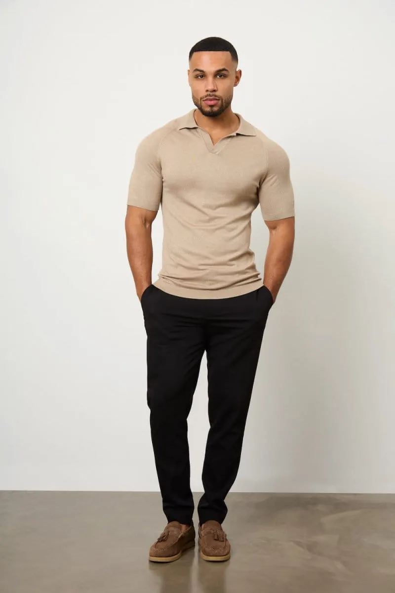 LowProfile Hem Textured Open Collar Knitted Polo Shirt in Stone